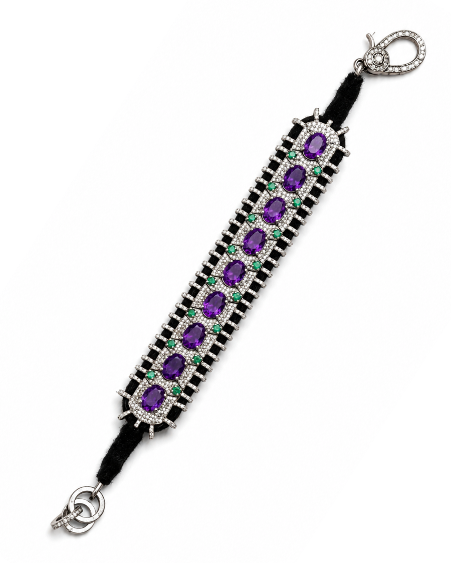 Diamond-encrusted Sterling Silver Friendship Bracelet with Amethyst and Emerald Stones in Black Thread