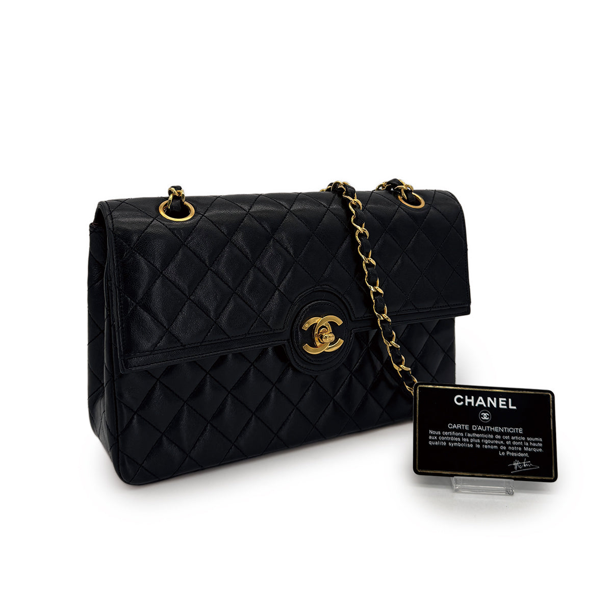 VINTAGE CHANEL MATELASSE CHAIN SHOULDER BAG BLACK LAMB SKIN GOLD HARDWARE 90317008