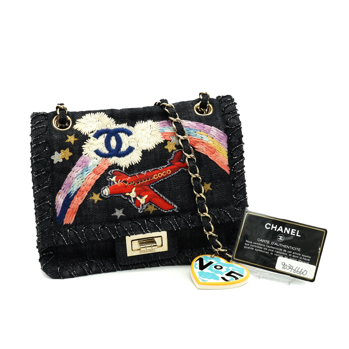 VINTAGE CHANEL 2.55 COCO NIGHT FLIGHT CHAIN SHOULDER  BAG BLUE DENIM GOLD HARDWARE 90346660