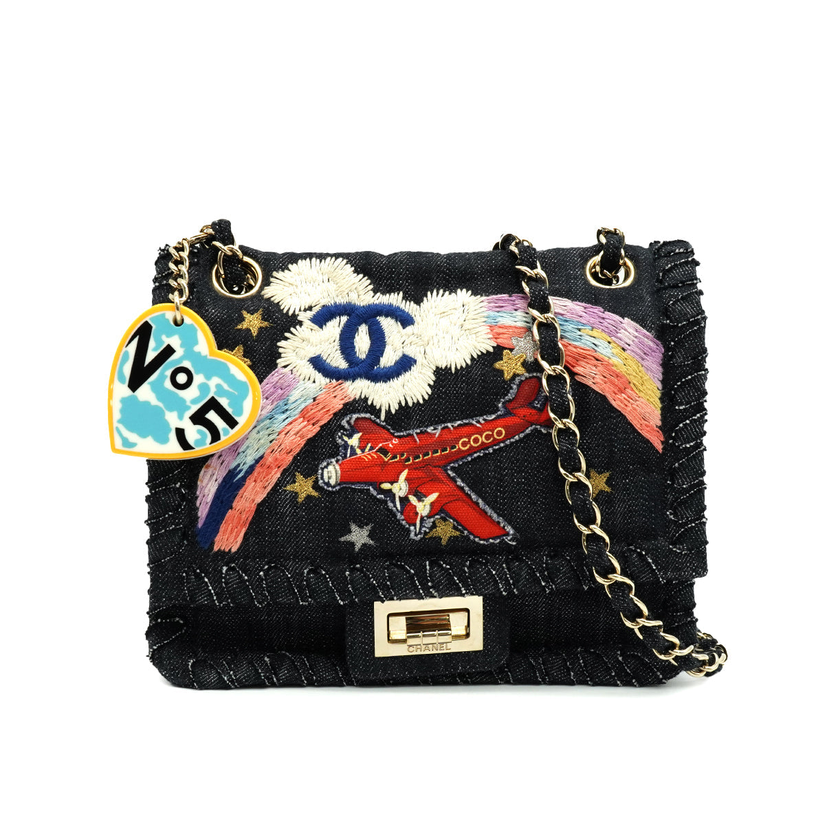 VINTAGE CHANEL 2.55 COCO NIGHT FLIGHT CHAIN SHOULDER  BAG BLUE DENIM GOLD HARDWARE 90346660