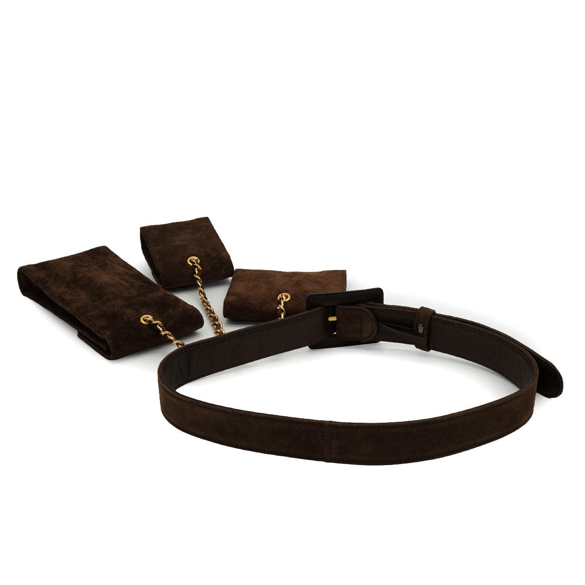 VINTAGE CHANEL BELT WITH POUCHES COCOMARK BROWN SUEDE ACCESSORY GOLD HARDWARE 90335795