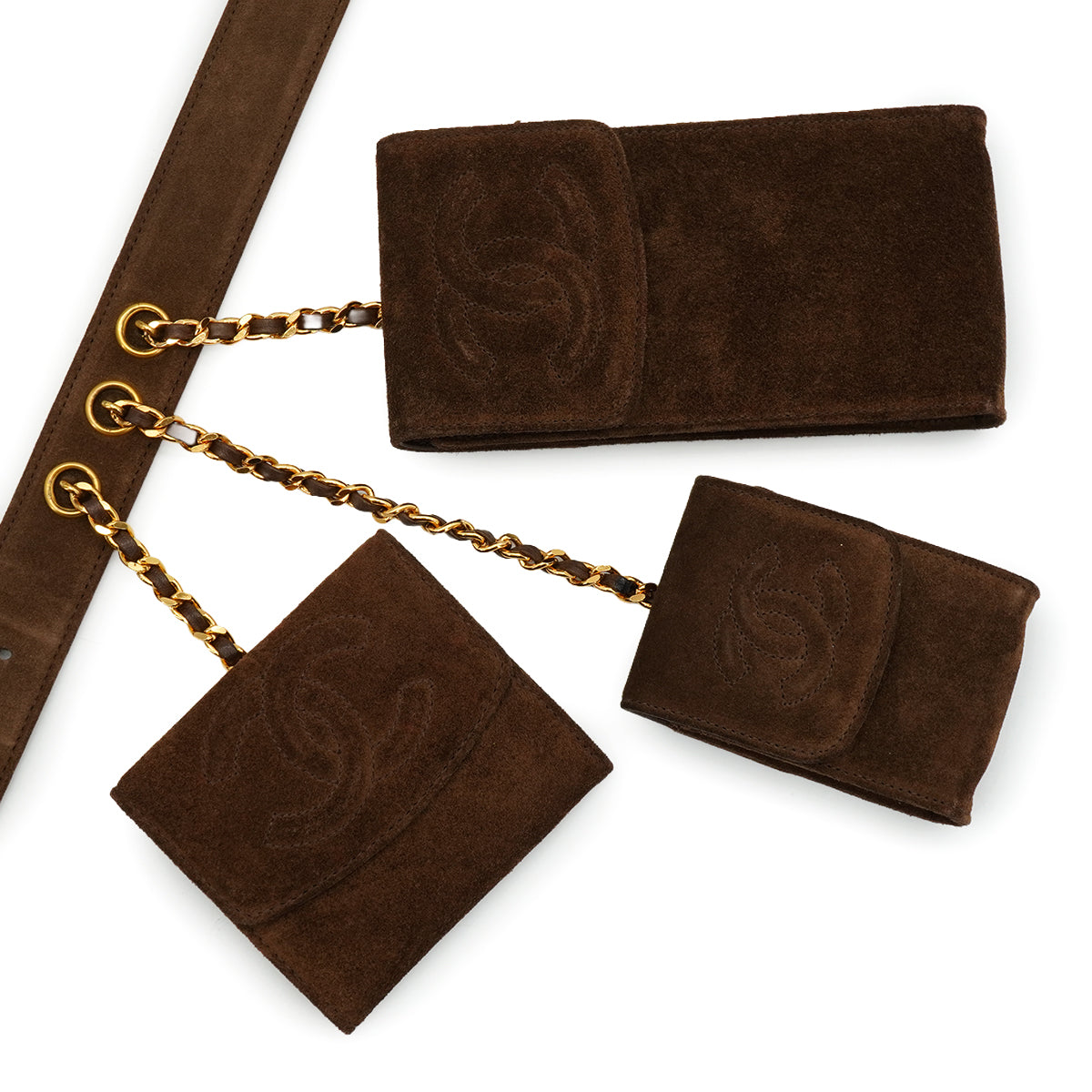 VINTAGE CHANEL BELT WITH POUCHES COCOMARK BROWN SUEDE ACCESSORY GOLD HARDWARE 90335795
