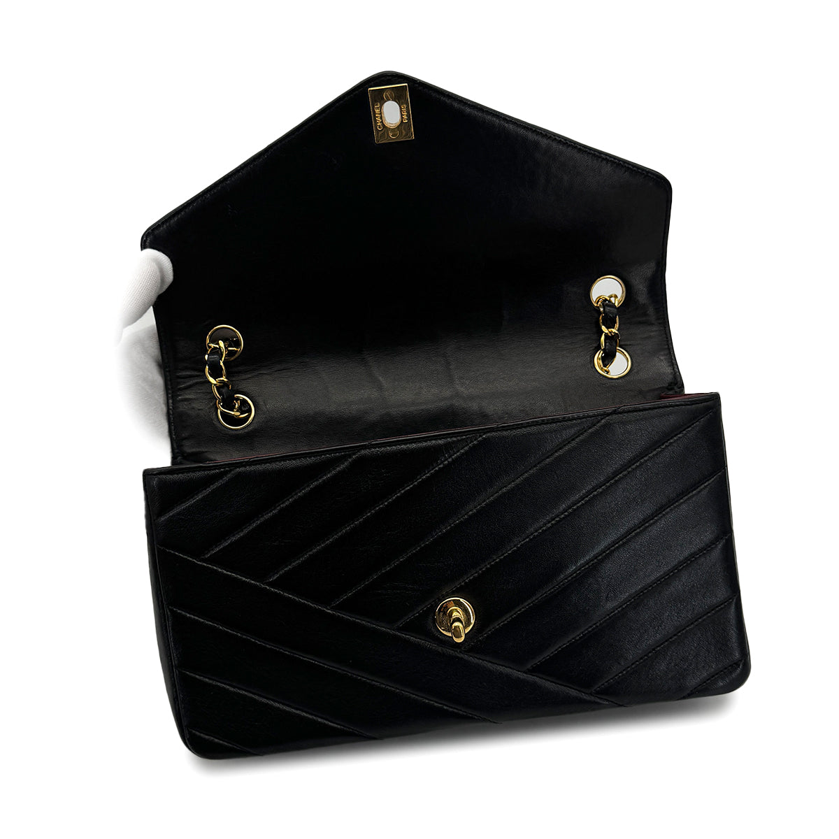 VINTAGE CHANEL BIAS STITCH CHAIN SHOULDER BAG BLACK LAMB SKIN GOLD HARDWARE 90319694