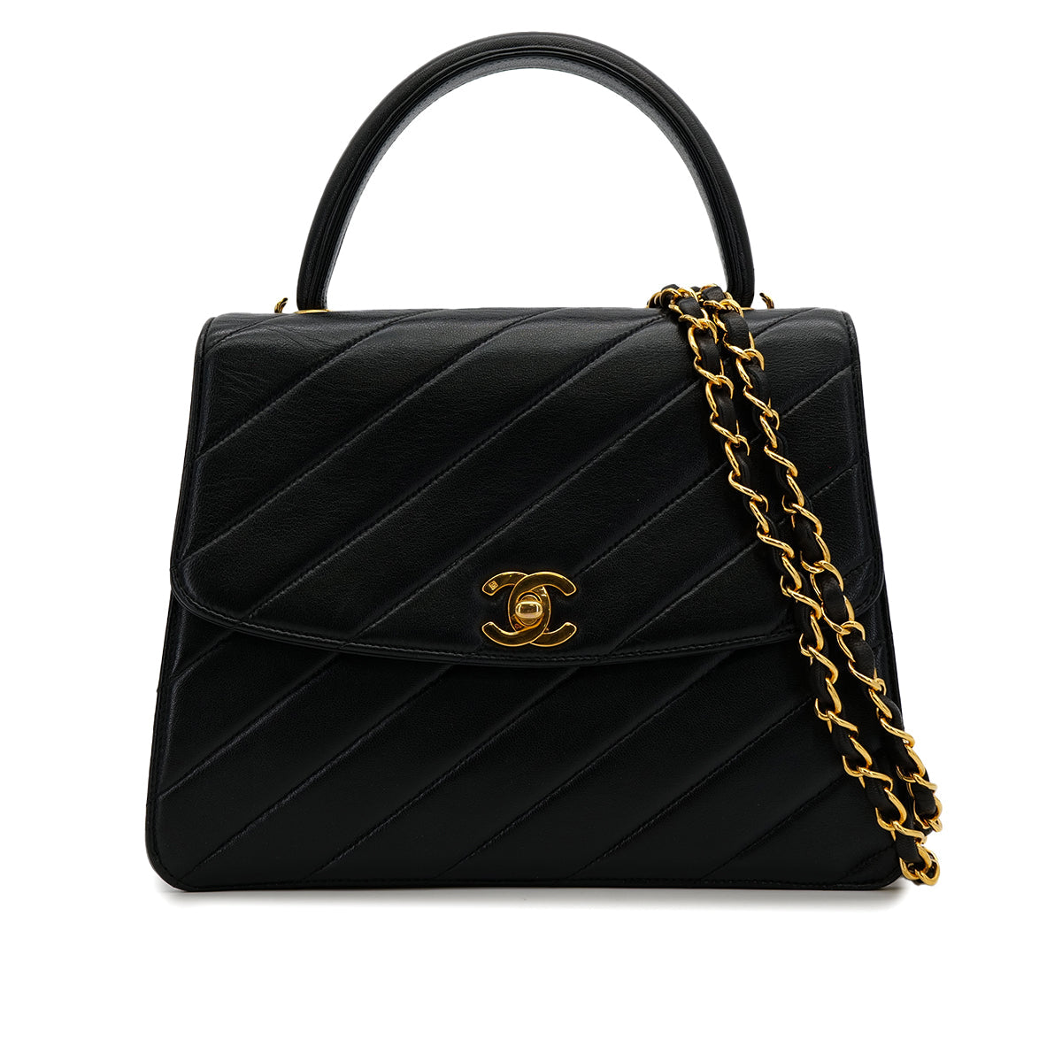 VINTAGE CHANEL BIAS STITCH CHAIN SHOULDER HAND BAG BLACK LAMB SKIN GOLD HARDWARE 90319587
