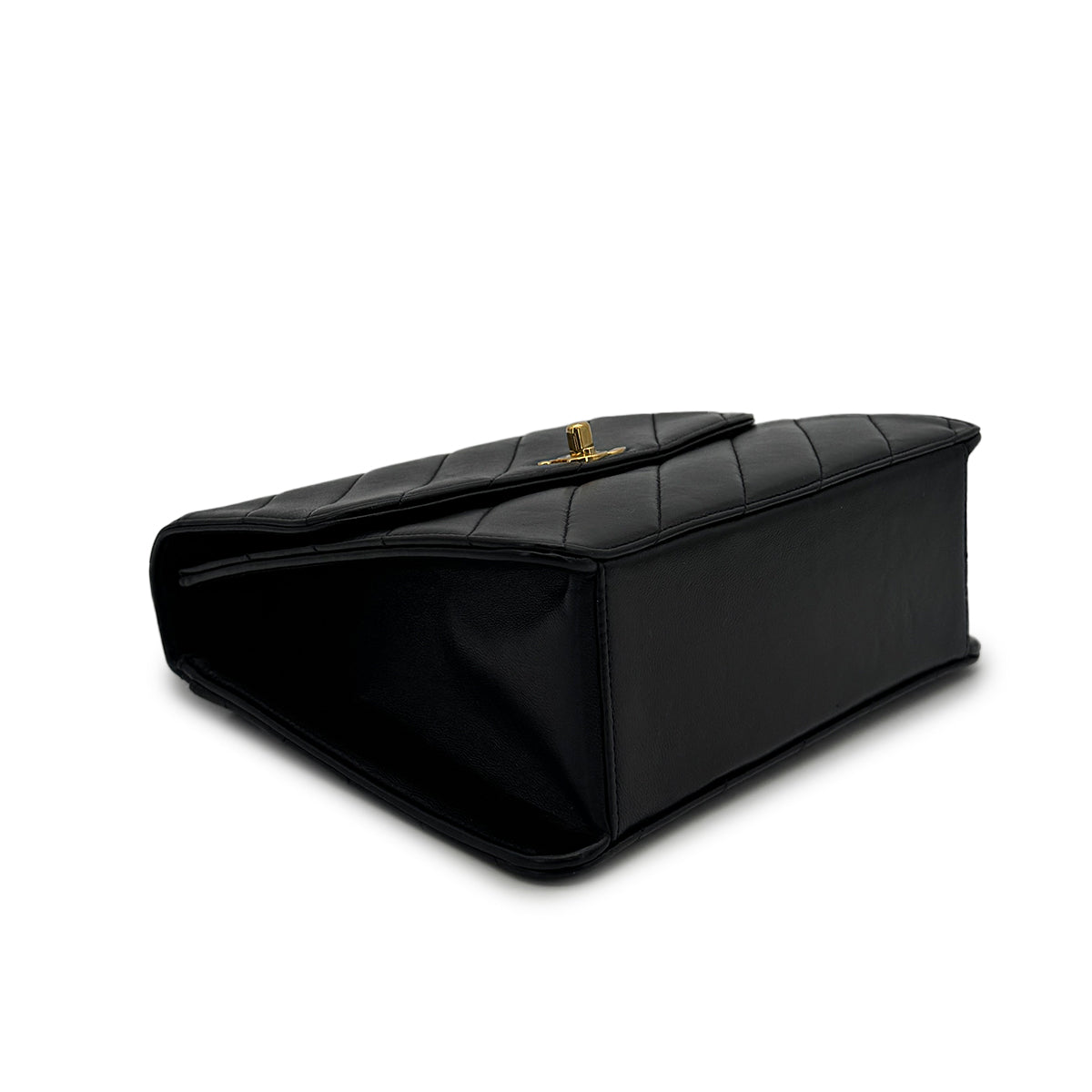 VINTAGE CHANEL BIAS STITCH CHAIN SHOULDER HAND BAG BLACK LAMB SKIN GOLD HARDWARE 90319587