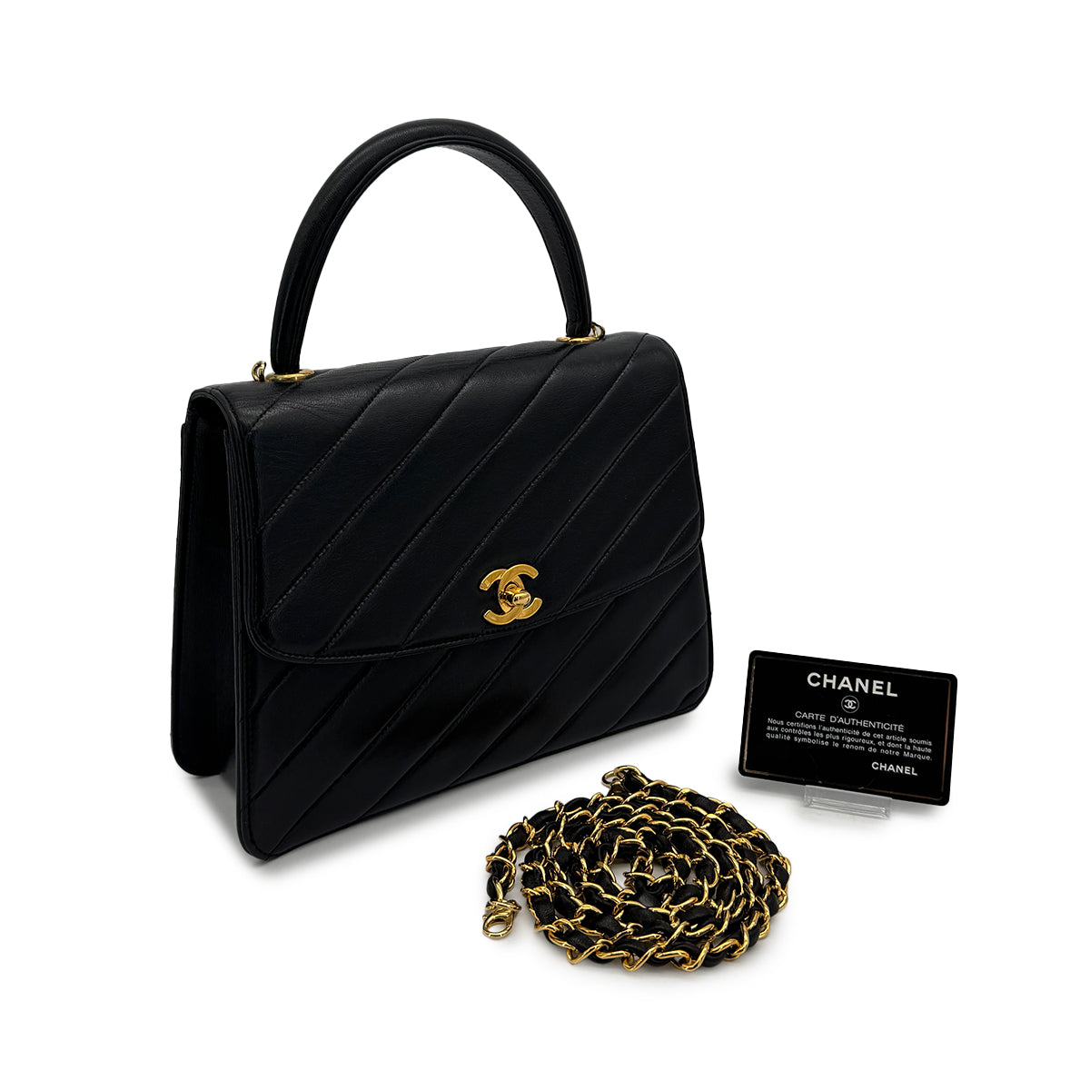 VINTAGE CHANEL BIAS STITCH CHAIN SHOULDER HAND BAG BLACK LAMB SKIN GOLD HARDWARE 90319587