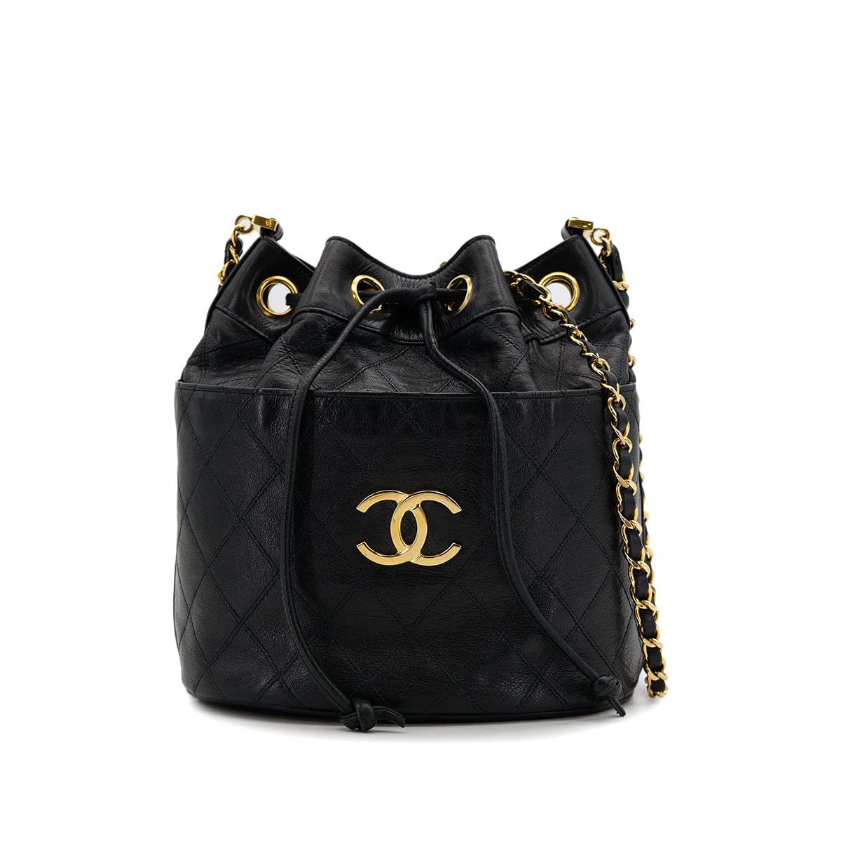 VINTAGE CHANEL BICOLORE DRAWSTRING CHAIN SHOULDER BAG BLACK LAMB SKIN GOLD HARDWARE 90319931