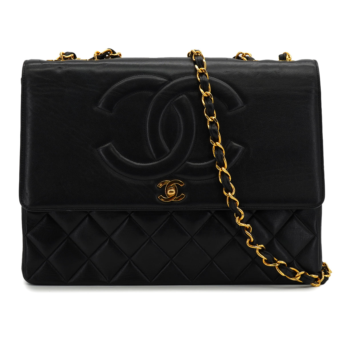 VINTAGE CHANEL BIG COCO CHAIN SHOULDER BAG BLACK LAMB SKIN GOLD HARDWARE 90327079