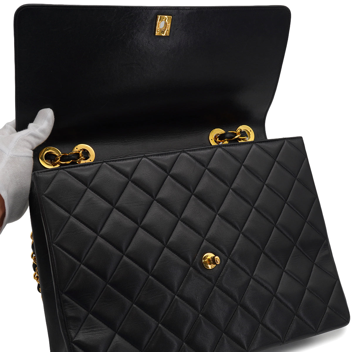 VINTAGE CHANEL BIG COCO CHAIN SHOULDER BAG BLACK LAMB SKIN GOLD HARDWARE 90327079
