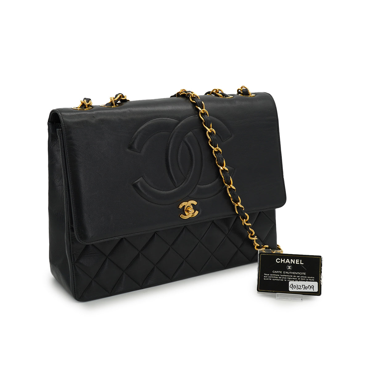 VINTAGE CHANEL BIG COCO CHAIN SHOULDER BAG BLACK LAMB SKIN GOLD HARDWARE 90327079