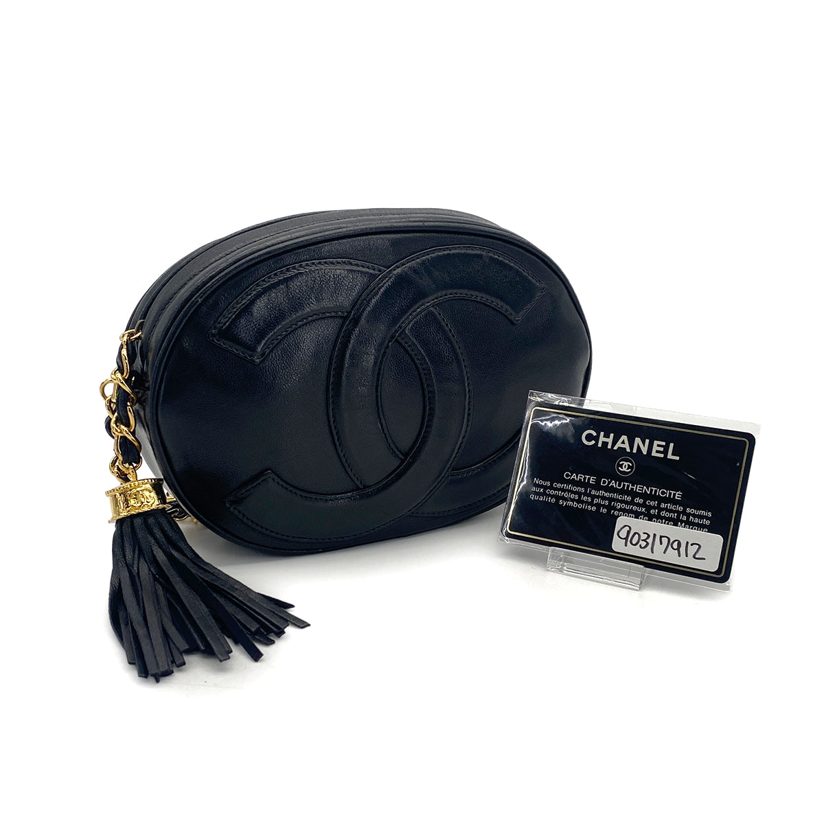 VINTAGE CHANEL BIG COCO CHAIN SHOULDER BAG FRINGE BLACK LAMB SKIN GOLD HARDWARE 90317912