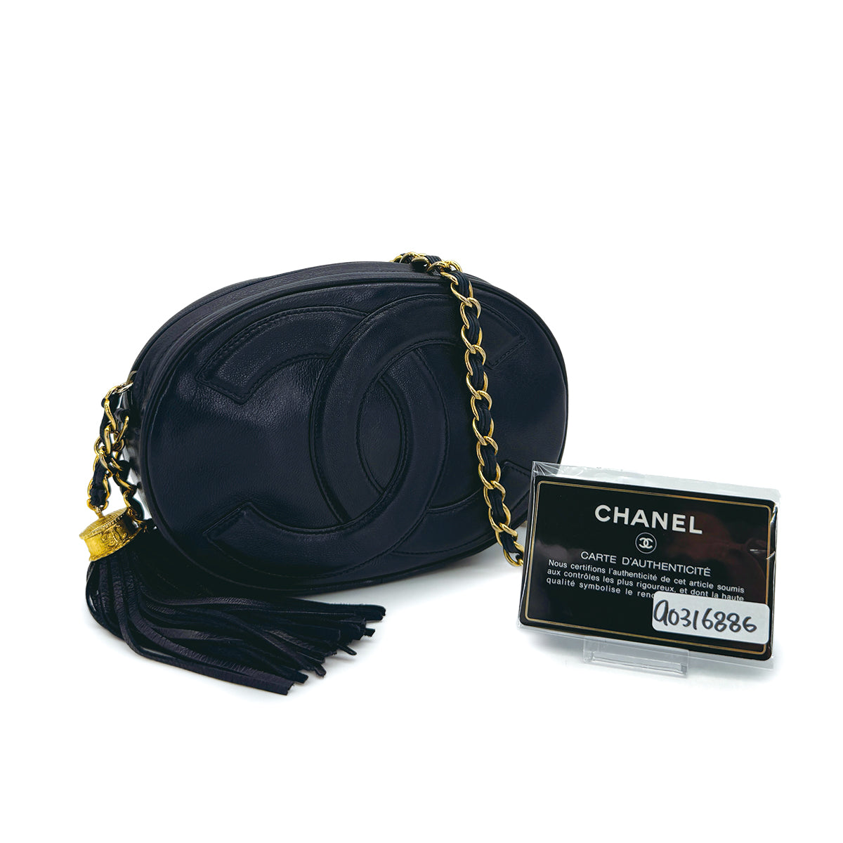 VINTAGE CHANEL BIG COCO CHAIN SHOULDER BAG FRINGE NAVY LAMB SKIN GOLD HARDWARE 90316886