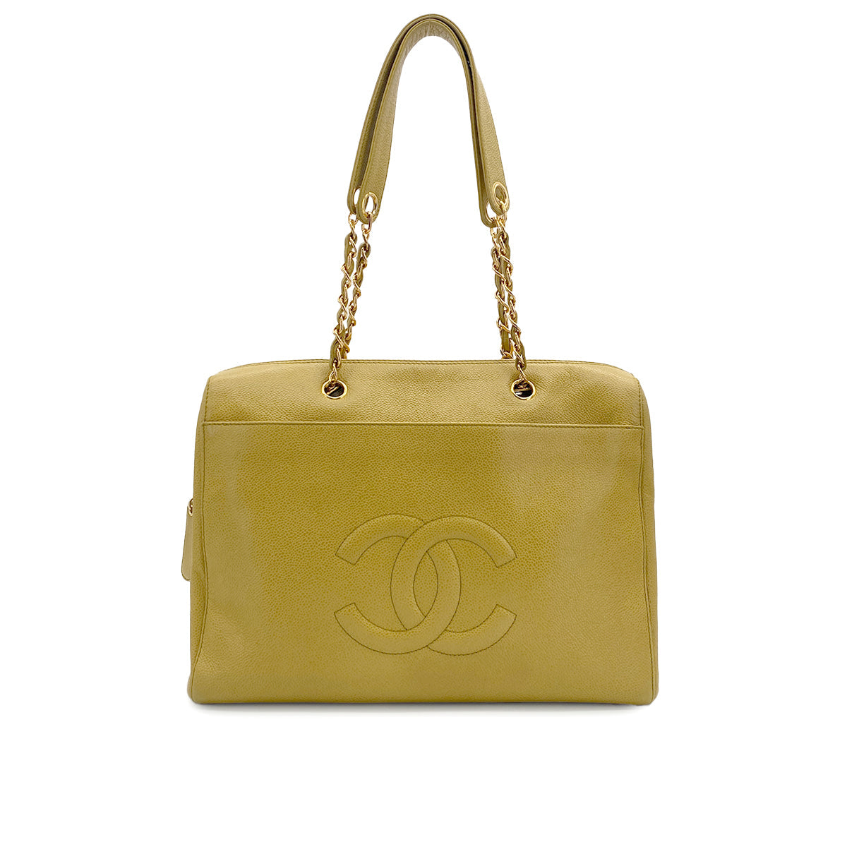 VINTAGE CHANEL BIG COCO CHAIN TOTE BAG YELLOW CAVIAR SKIN GOLD HARDWARE 90317774