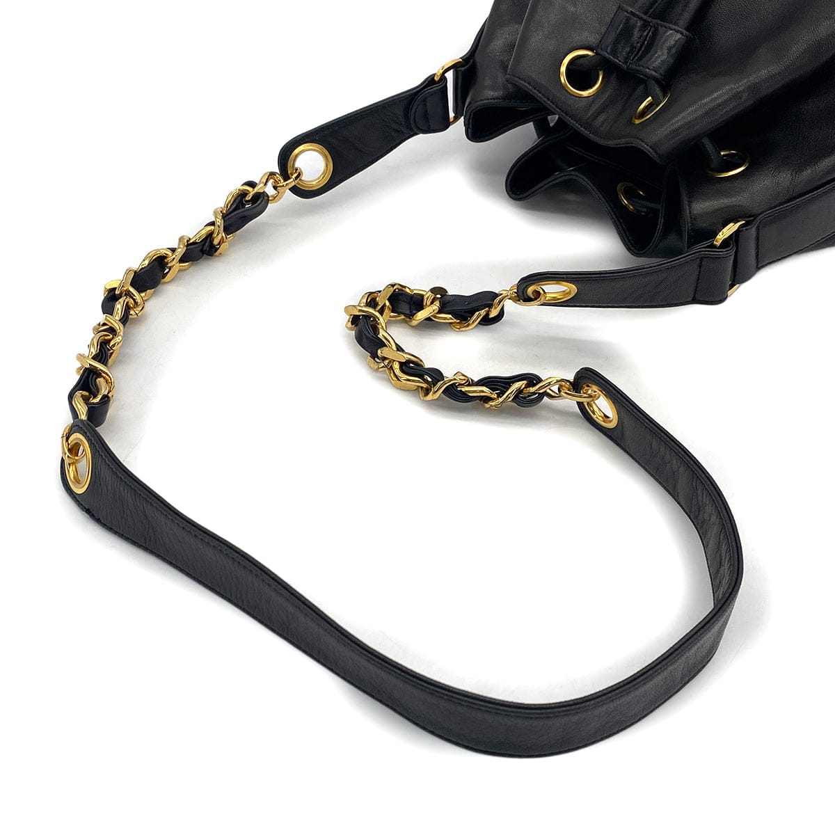 VINTAGE CHANEL BIG COCO DRAWSTRING CHAIN SHOULDER BAG BLACK LAMB SKIN GOLD HARDWARE 90319984