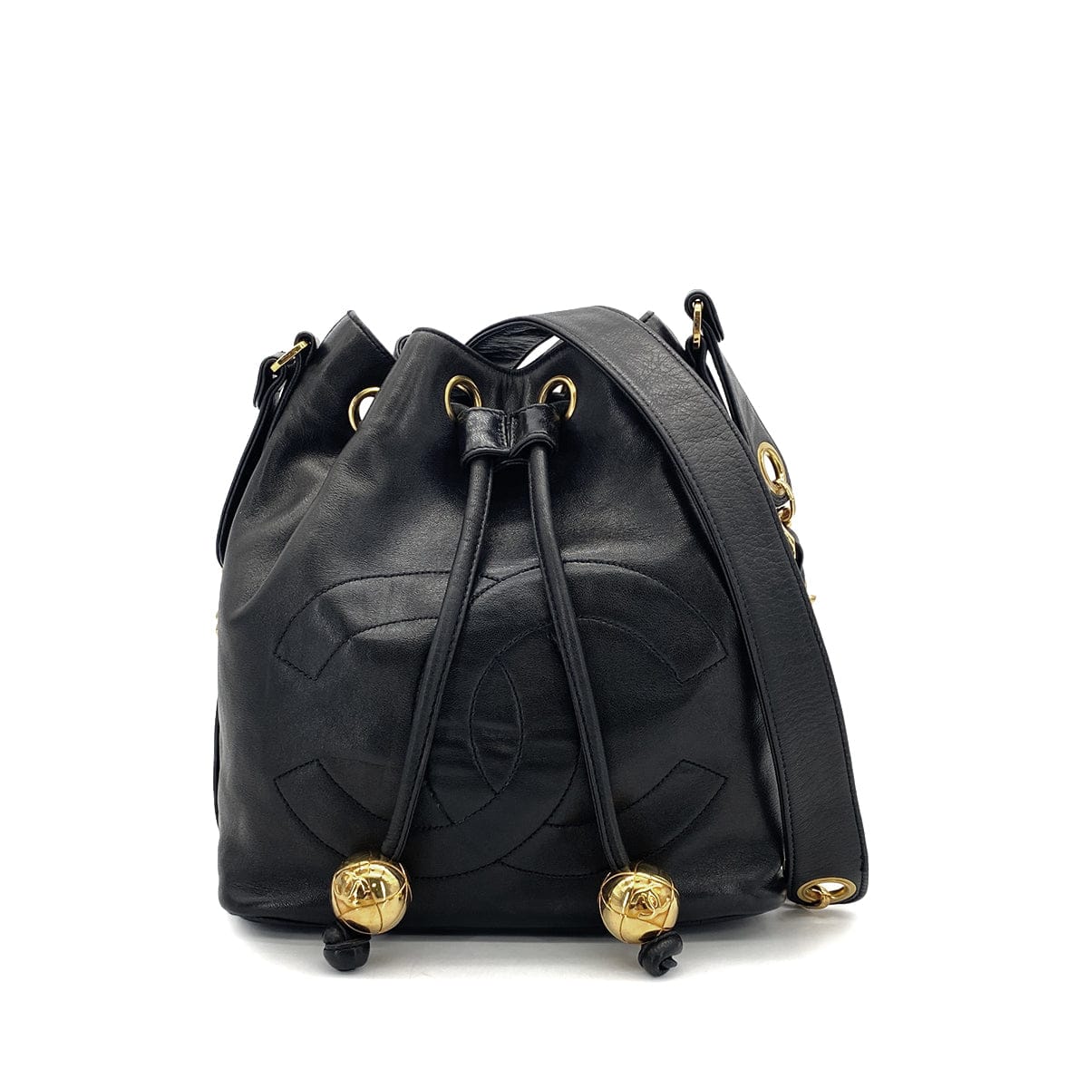 VINTAGE CHANEL BIG COCO DRAWSTRING CHAIN SHOULDER BAG BLACK LAMB SKIN GOLD HARDWARE 90319984