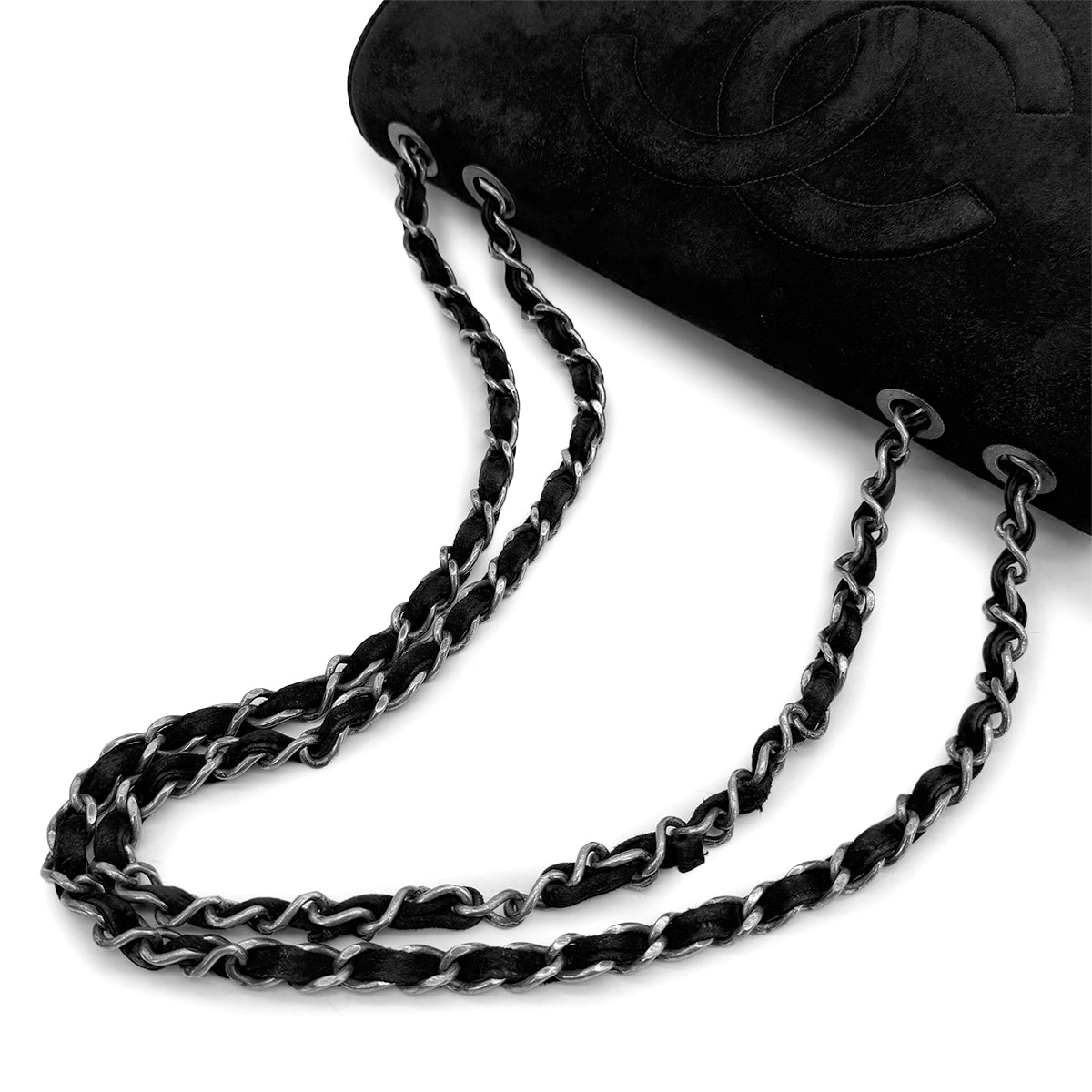 VINTAGE CHANEL BIG COCO MATELASSE CHAIN SHOULDER BAG BLACK SUEDE SILVER HARDWARE 90317179