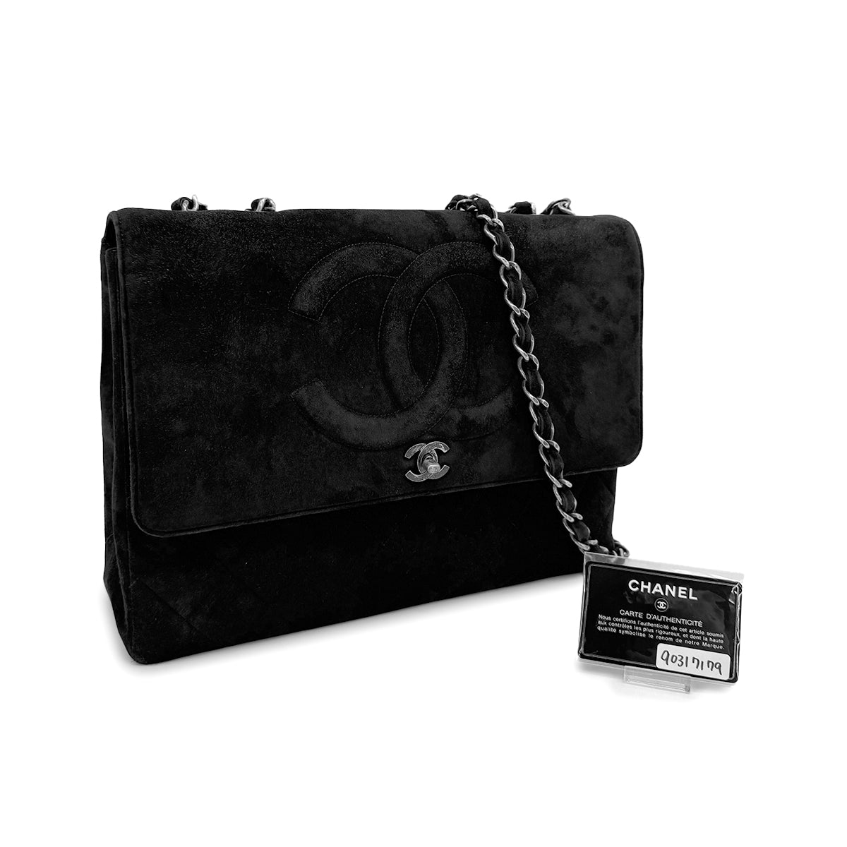 VINTAGE CHANEL BIG COCO MATELASSE CHAIN SHOULDER BAG BLACK SUEDE SILVER HARDWARE 90317179