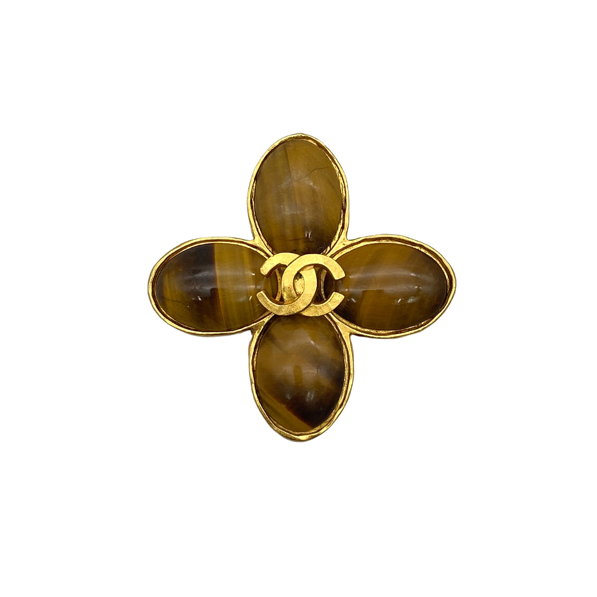 VINTAGE CHANEL BROOCH FLOWER COCOMARK TIGER EYE GOLD ACCESSORY 95A 90319669