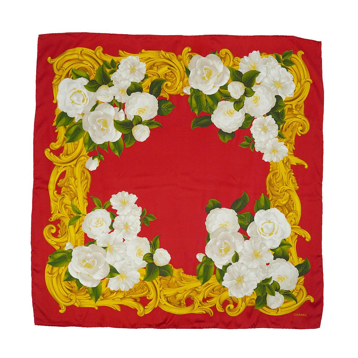 VINTAGE CHANEL CAMELLIA FLOWER PATTERN SCARF RED SILK 90328135
