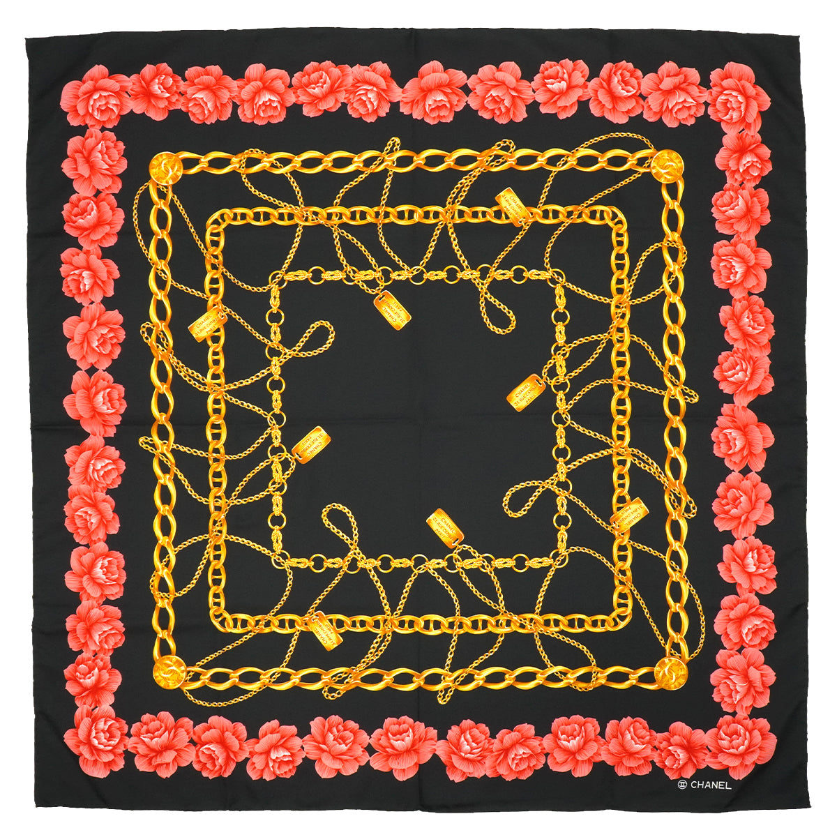 VINTAGE CHANEL CHAIN CAMELLIA PATTERN SCARF BLACK SILK 90345101