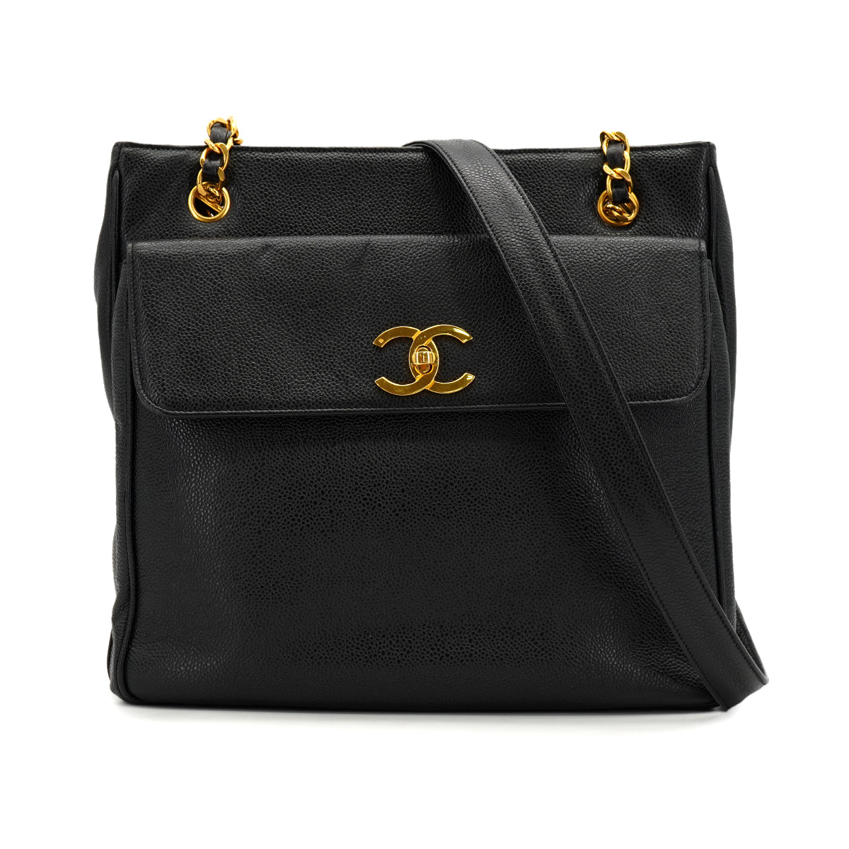 VINTAGE CHANEL CHAIN SHOULDER BAG BLACK CAVIAR SKIN GOLD HARDWARE 90333720
