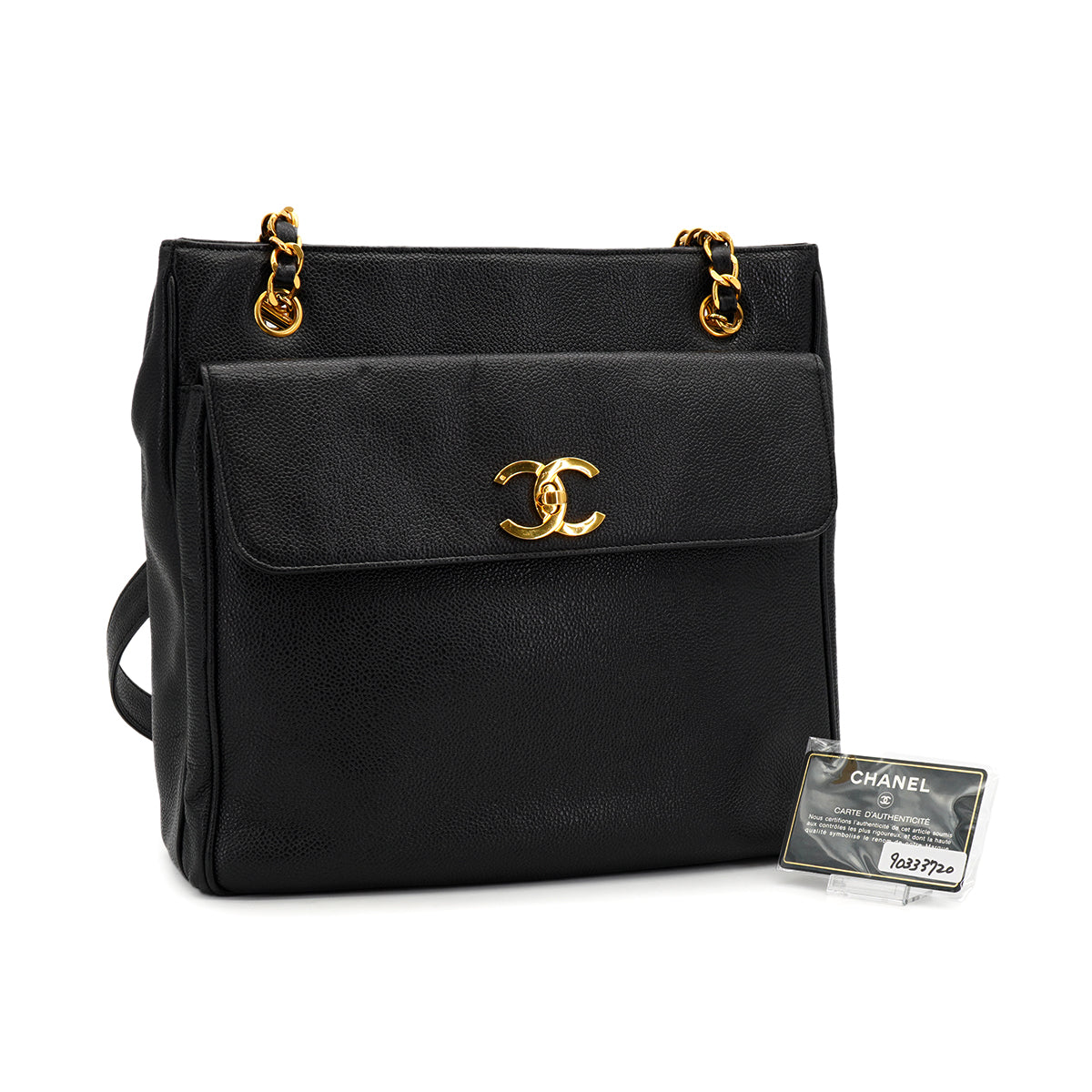 VINTAGE CHANEL CHAIN SHOULDER BAG BLACK CAVIAR SKIN GOLD HARDWARE 90333720