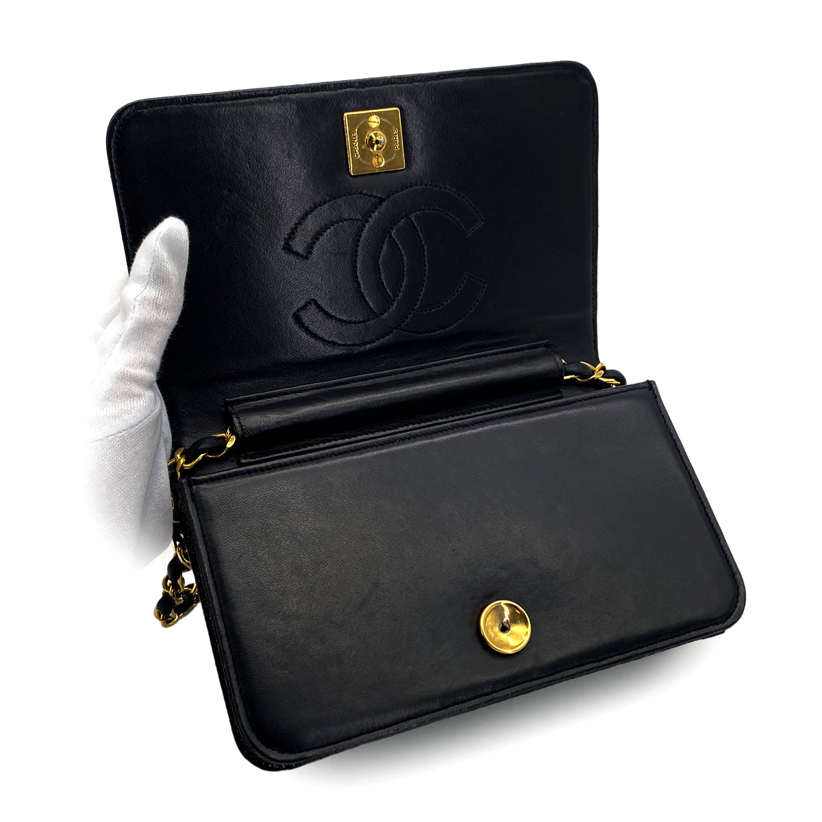 VINTAGE CHANEL CHAIN SHOULDER BAG BLACK LIZARD GOLD HARDWARE 90325633