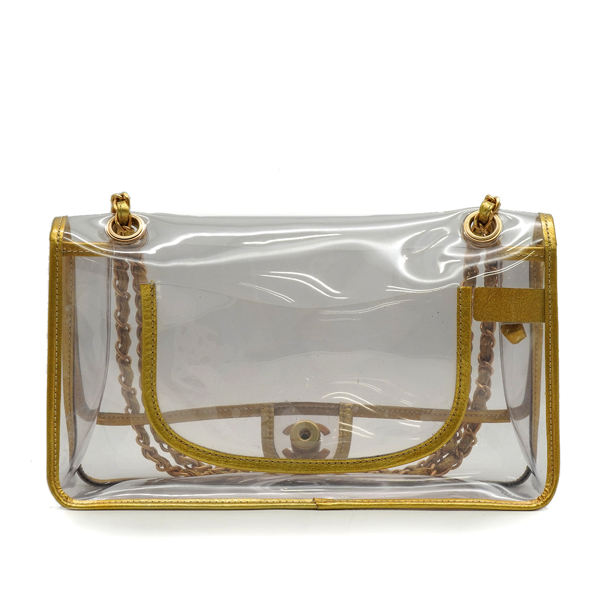 VINTAGE  CHANEL CHAIN SHOULDER BAG GOLD CLEAR VINYL LEATHER GOLD HARDWARE 90343016