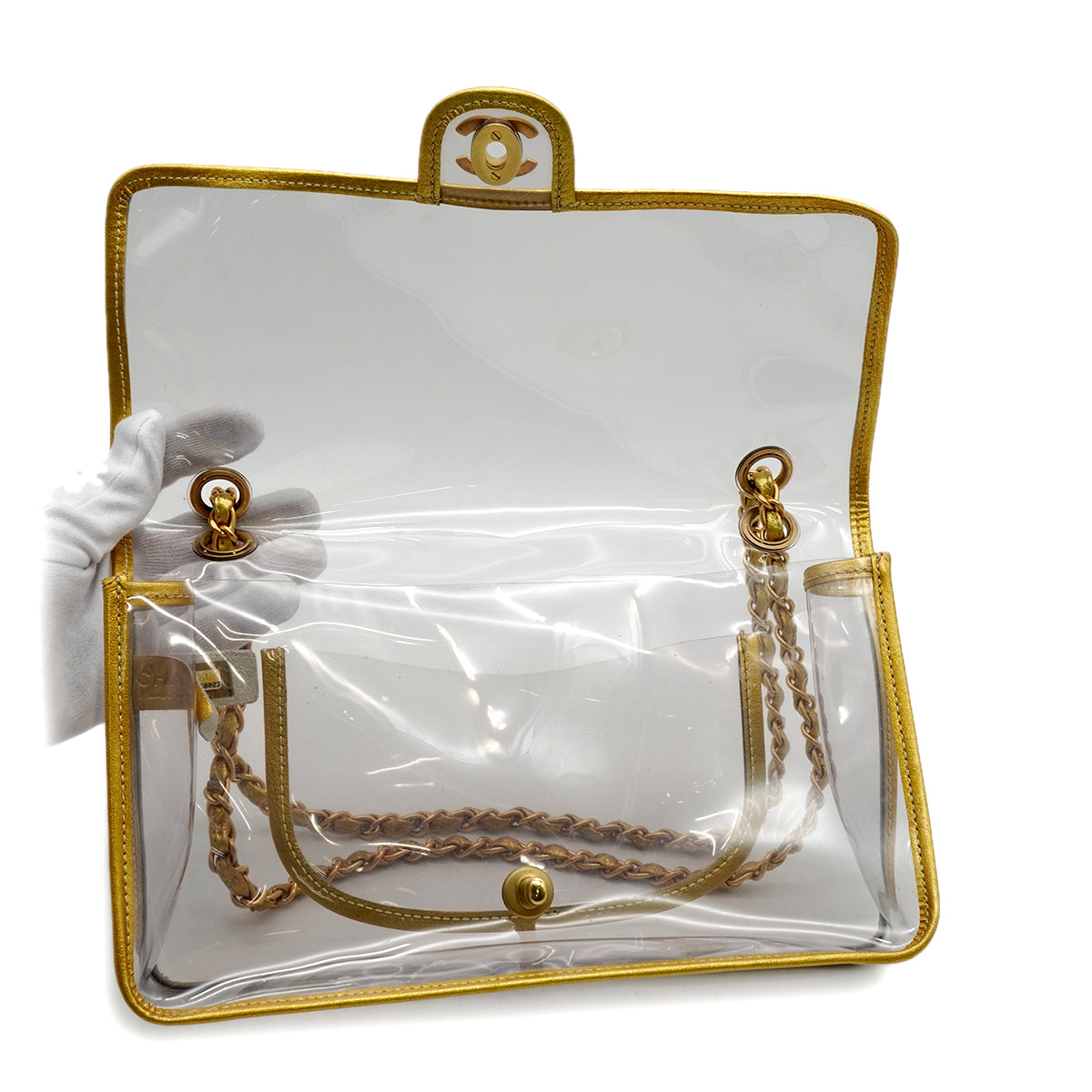 VINTAGE  CHANEL CHAIN SHOULDER BAG GOLD CLEAR VINYL LEATHER GOLD HARDWARE 90343016