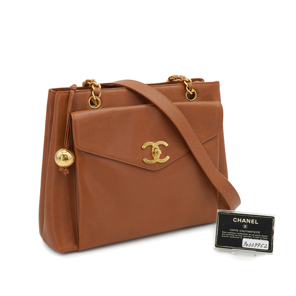 VINTAGE CHANEL COCO BALL CHAIN TOTE SHOULDER BAG BROWN CAVIAR SKIN GOLD HARDWARE 90339952