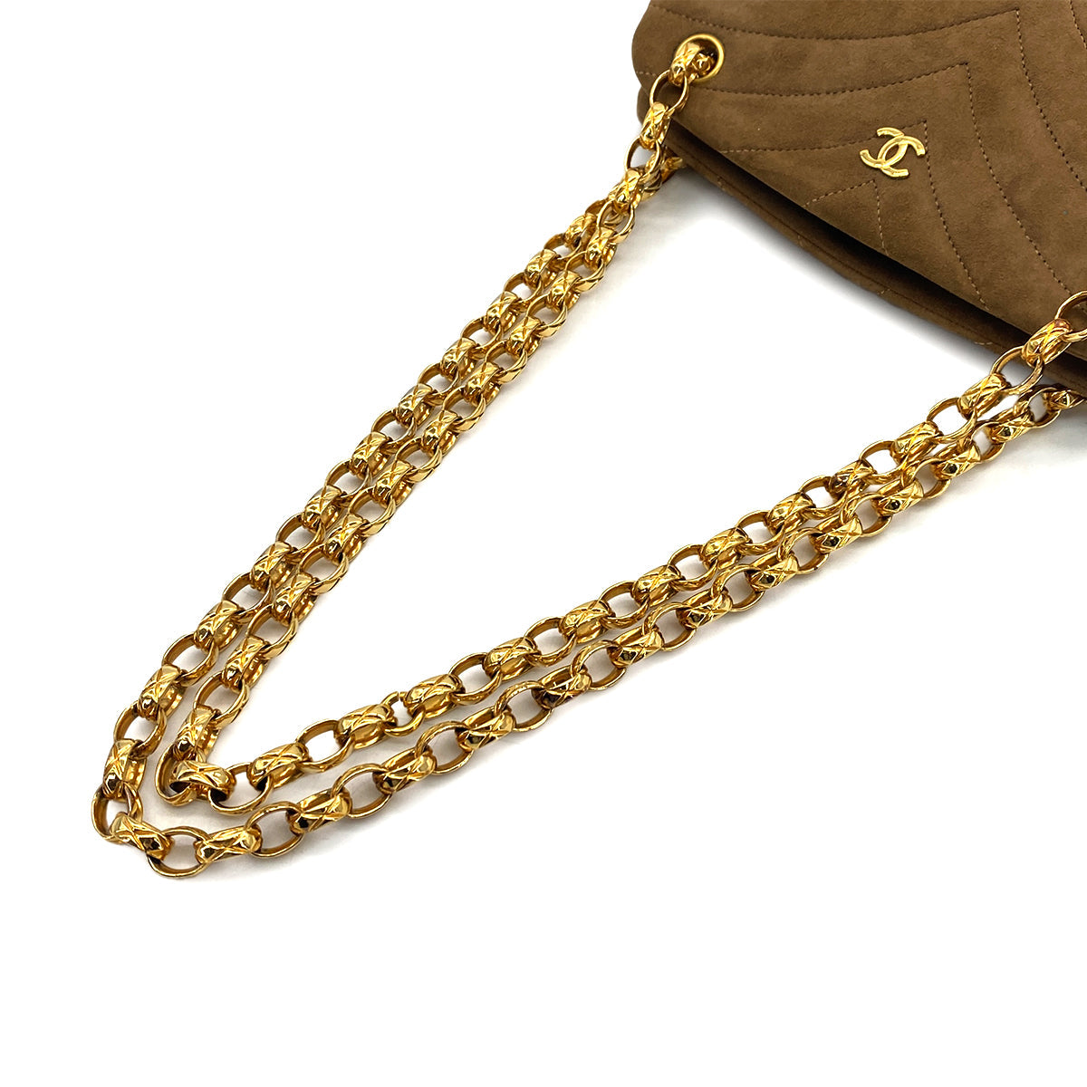 VINTAGE CHANEL CHEVRON BIJOU CHAIN SHOULDER BAG BROWN SUEDE GOLD HARDWARE 90321629