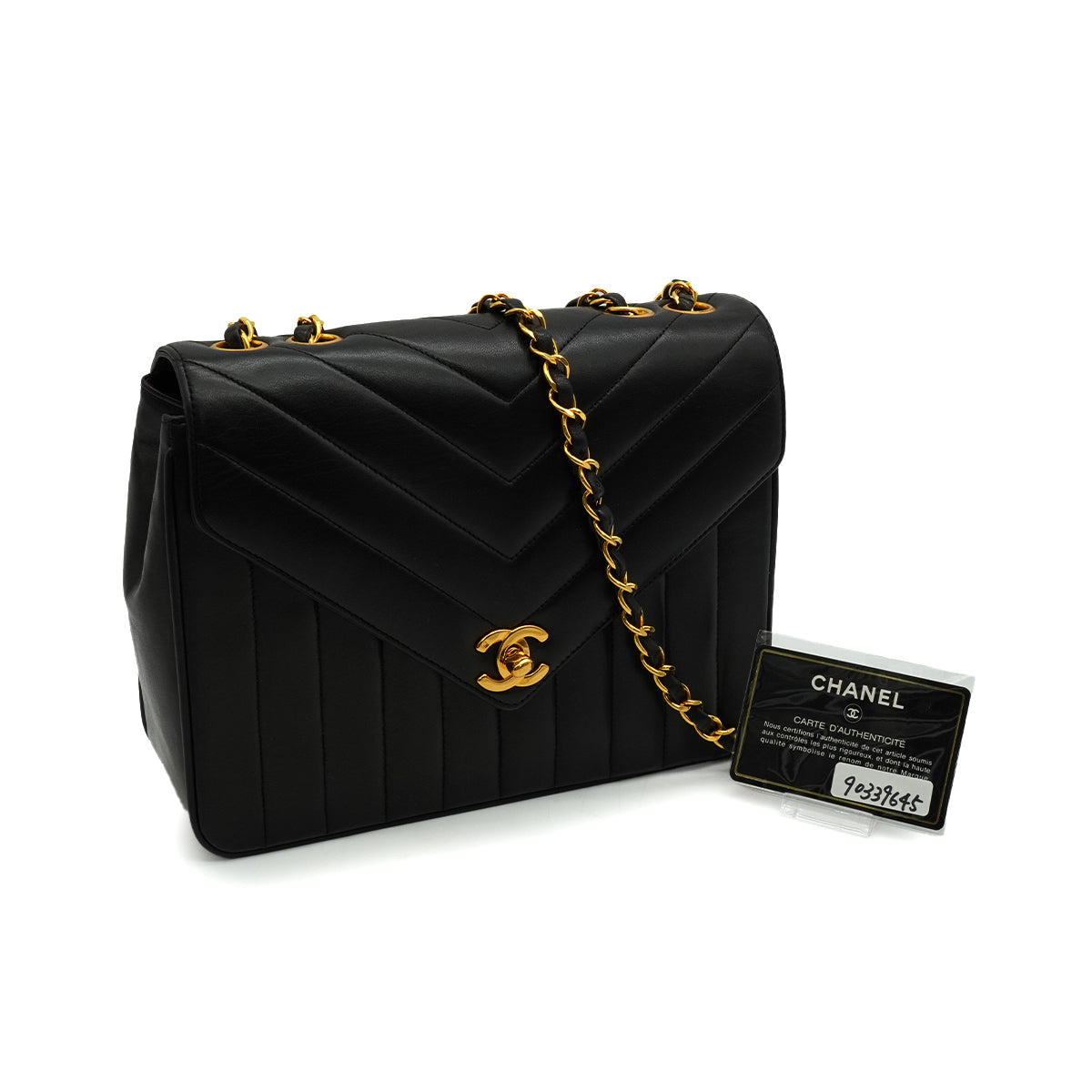 VINTAGE CHANEL CHEVRON V STITCH CHAIN SHOULDER BAG BLACK LAMB SKIN GOLD HARDWARE 90339645