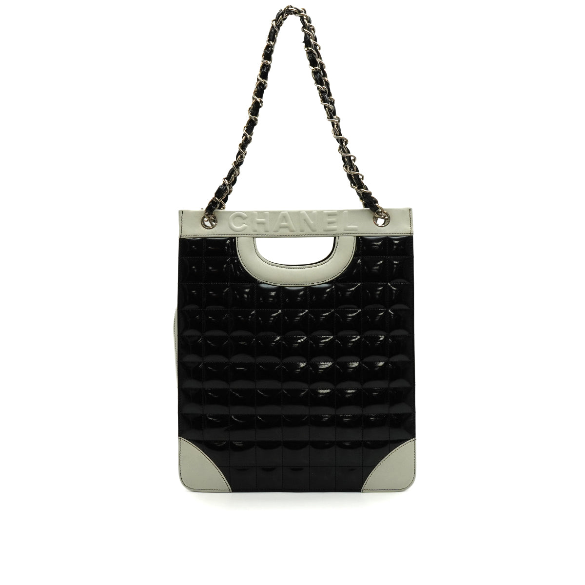VINTAGE CHANEL CHOCOLATE BAR HAND SHOULDER BAG BLACK WHITE ENAMEL LEATHER SILVER HARDWARE 90345512