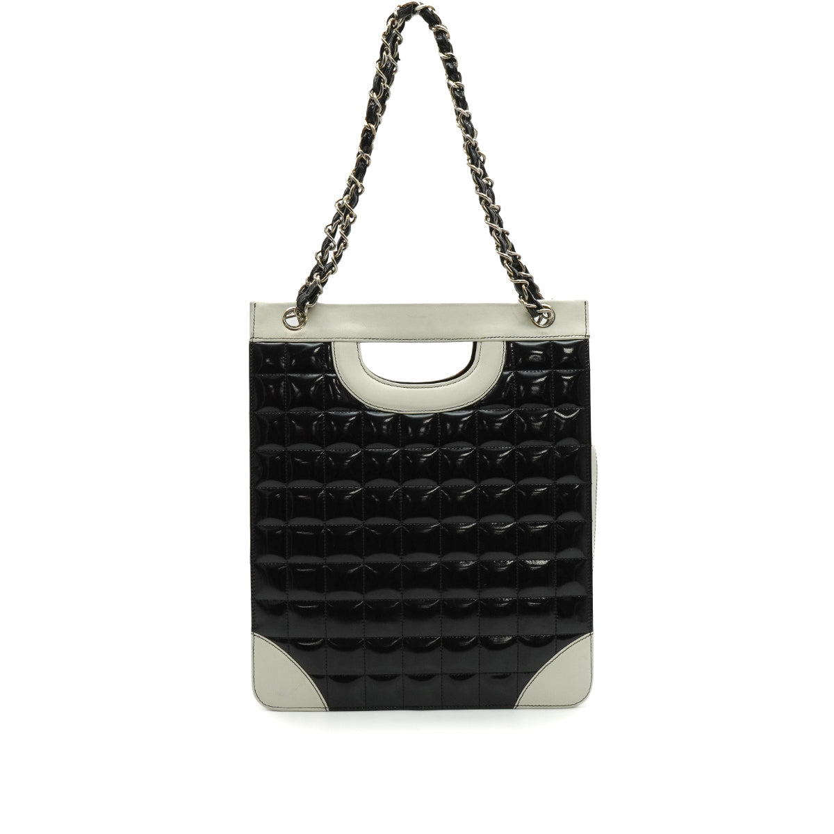 VINTAGE CHANEL CHOCOLATE BAR HAND SHOULDER BAG BLACK WHITE ENAMEL LEATHER SILVER HARDWARE 90345512
