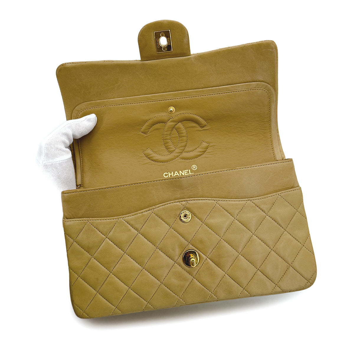 VINTAGE CHANEL CLASSIC FLAP MEDIUM CHAIN SHOULDER BAG BEIGE LAMB SKIN GOLD HARDWARE 90309819