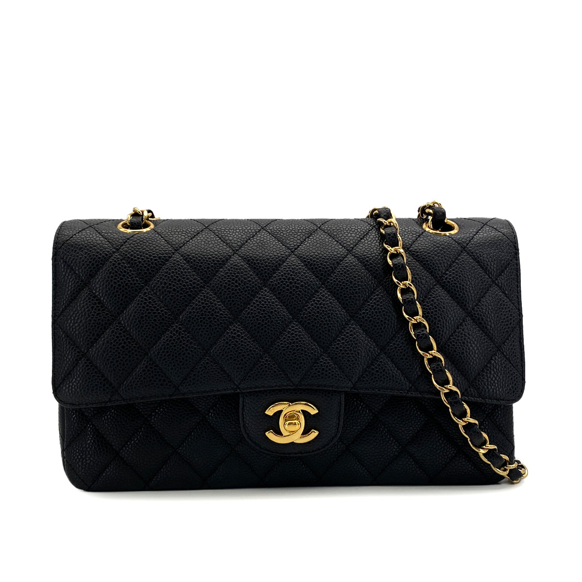 VINTAGE CHANEL CLASSIC FLAP MEDIUM CHAIN SHOULDER BAG BLACK CAVIAR SKIN GOLD HARDWARE 90319586