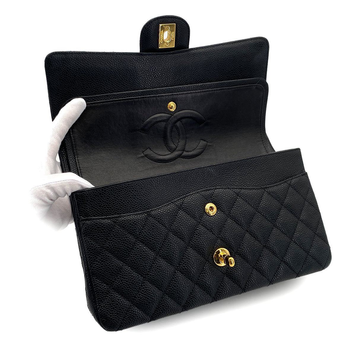 VINTAGE CHANEL CLASSIC FLAP MEDIUM CHAIN SHOULDER BAG BLACK CAVIAR SKIN GOLD HARDWARE 90319586