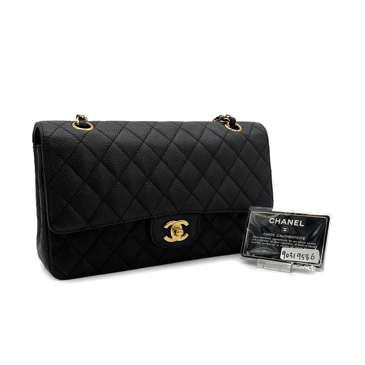 VINTAGE CHANEL CLASSIC FLAP MEDIUM CHAIN SHOULDER BAG BLACK CAVIAR SKIN GOLD HARDWARE 90319586