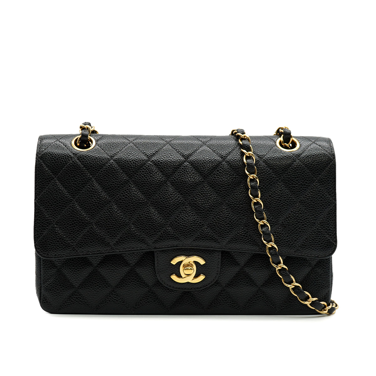 VINTAGE CHANEL CLASSIC FLAP MEDIUM CHAIN SHOULDER BAG BLACK CAVIAR SKIN GOLD HARDWARE 90333750