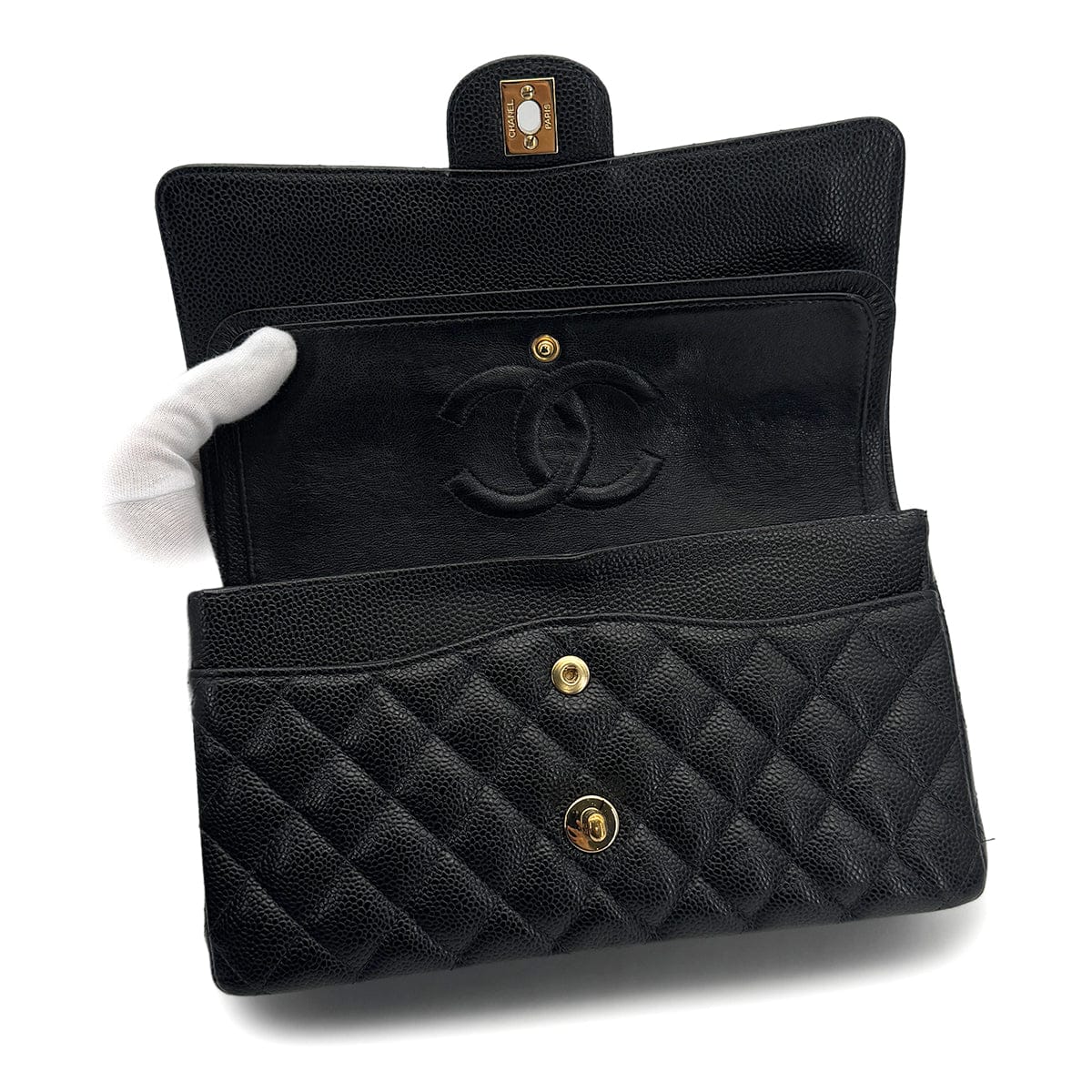 VINTAGE CHANEL CLASSIC FLAP MEDIUM CHAIN SHOULDER BAG BLACK CAVIAR SKIN GOLD HARDWARE 90318758