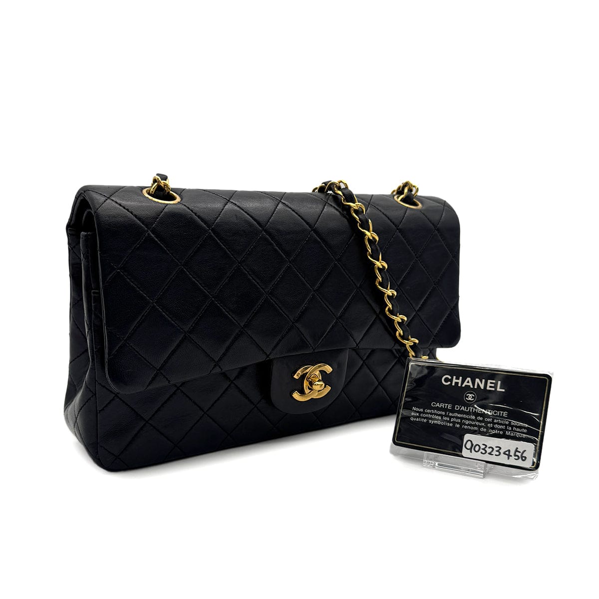 Luxury Promise Japan VINTAGE CHANEL CLASSIC FLAP MEDIUM CHAIN SHOULDER BAG BLACK LAMB SKIN GOLD HARDWARE 90323456