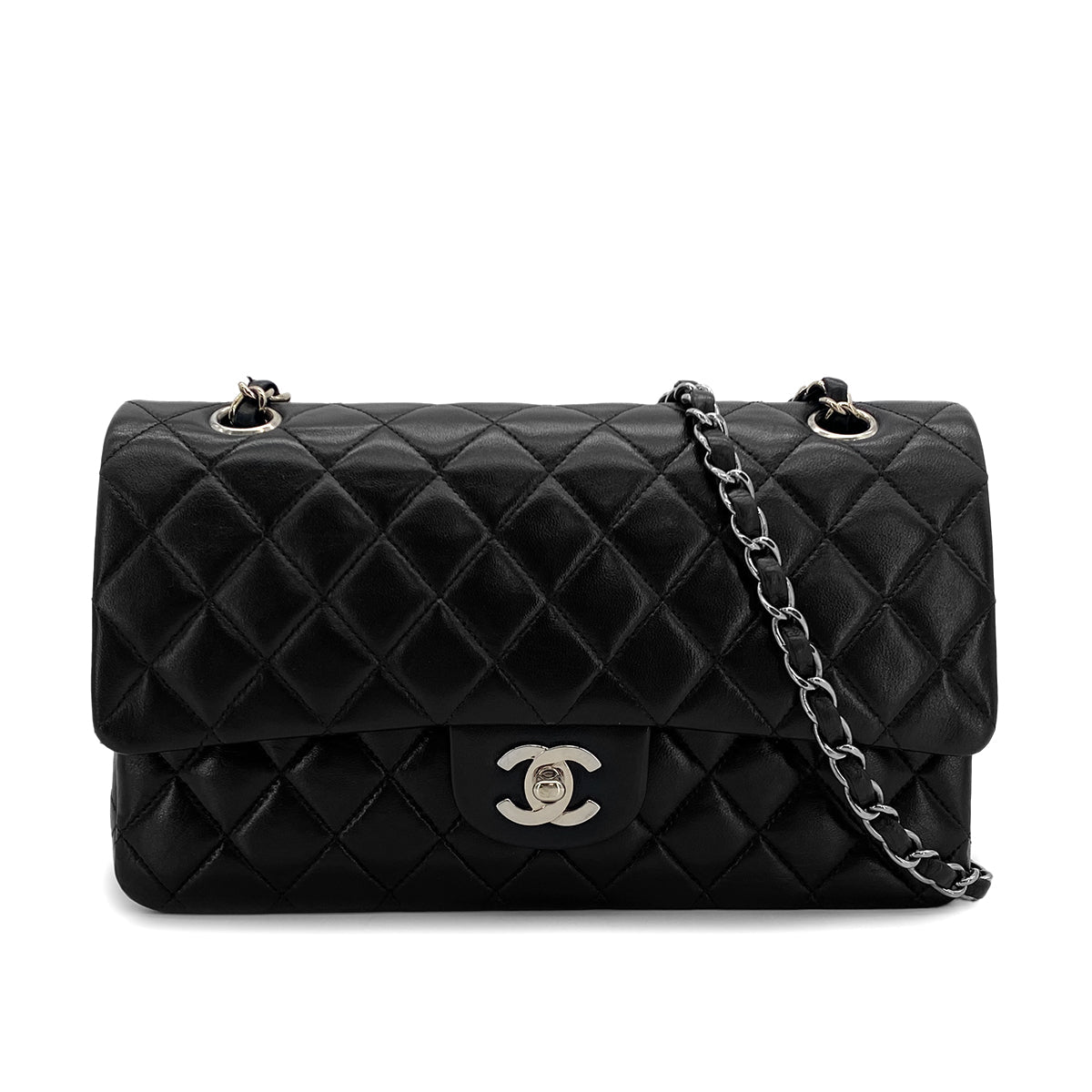 VINTAGE CHANEL CLASSIC FLAP MEDIUM CHAIN SHOULDER BAG BLACK LAMB SKIN SILVER HARDWARE 90324277
