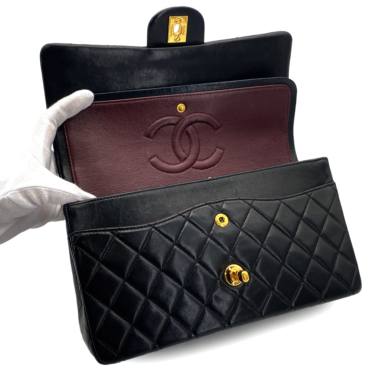 VINTAGE CHANEL CLASSIC FLAP MEDIUM CHAIN SHOULDER BAG BLACK LAMB SKIN GOLD HARDWARE 90324824
