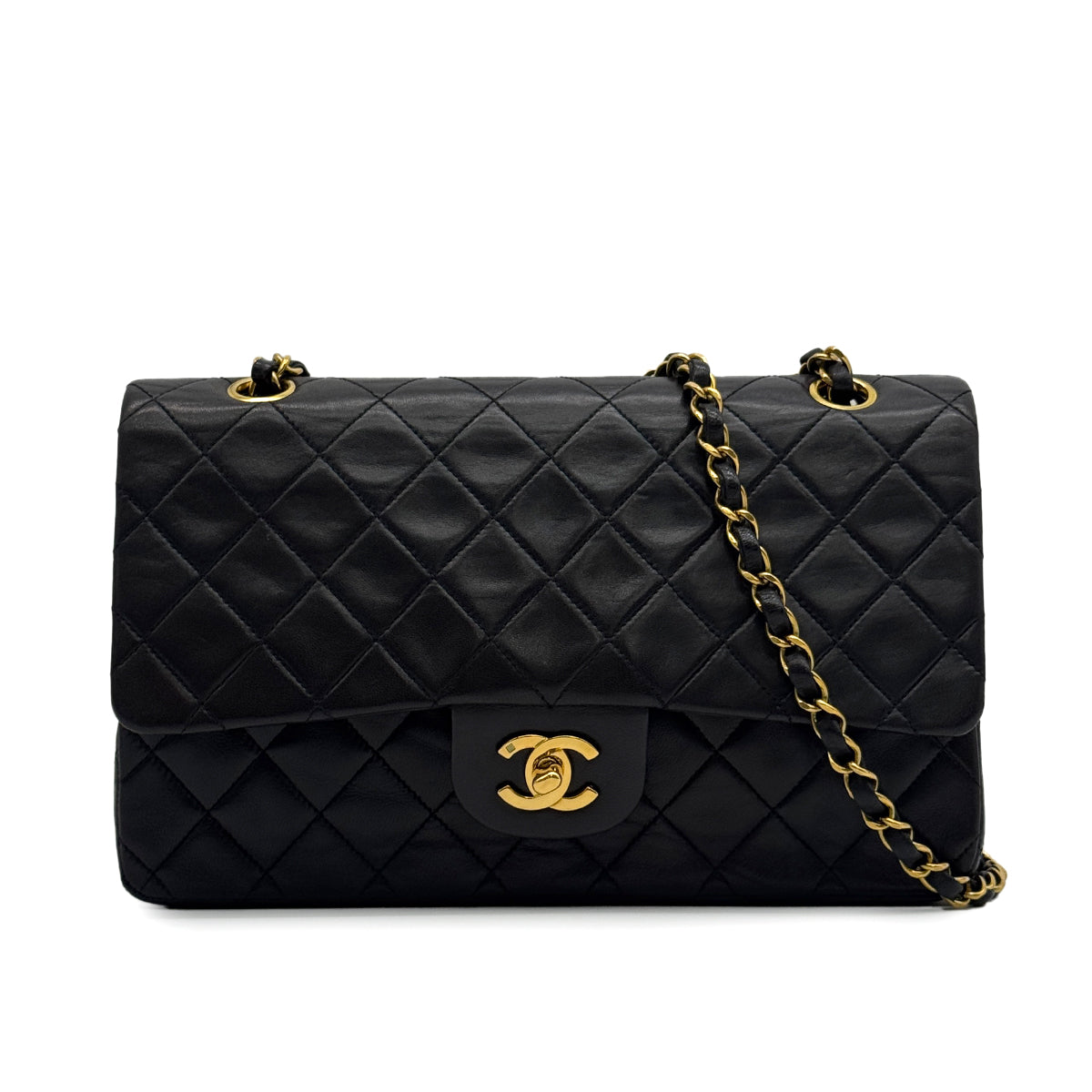 VINTAGE CHANEL CLASSIC FLAP MEDIUM CHAIN SHOULDER BAG BLACK LAMB SKIN GOLD HARDWARE 90329229