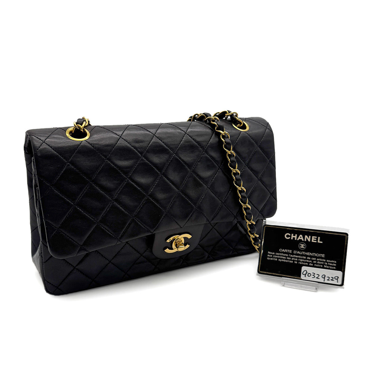 VINTAGE CHANEL CLASSIC FLAP MEDIUM CHAIN SHOULDER BAG BLACK LAMB SKIN GOLD HARDWARE 90329229