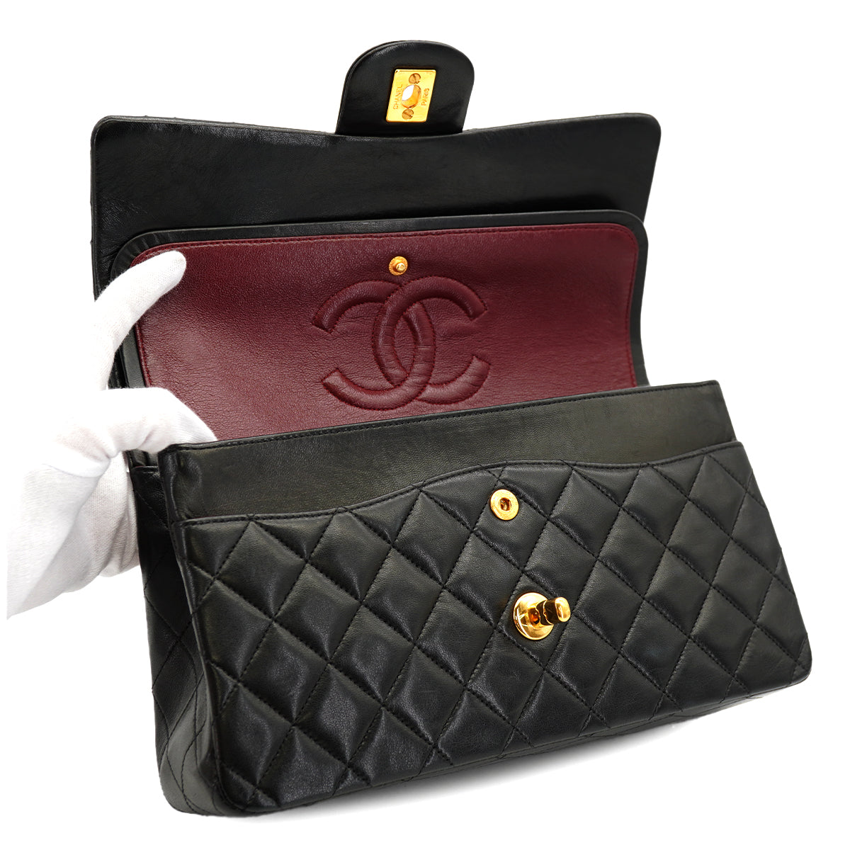 VINTAGE CHANEL CLASSIC FLAP MEDIUM CHAIN SHOULDER BAG BLACK LAMB SKIN GOLD HARDWARE 90332588