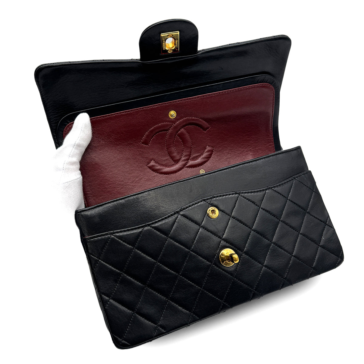 VINTAGE CHANEL CLASSIC FLAP MEDIUM CHAIN SHOULDER BAG BLACK LAMB SKIN GOLD HARDWARE 90316164