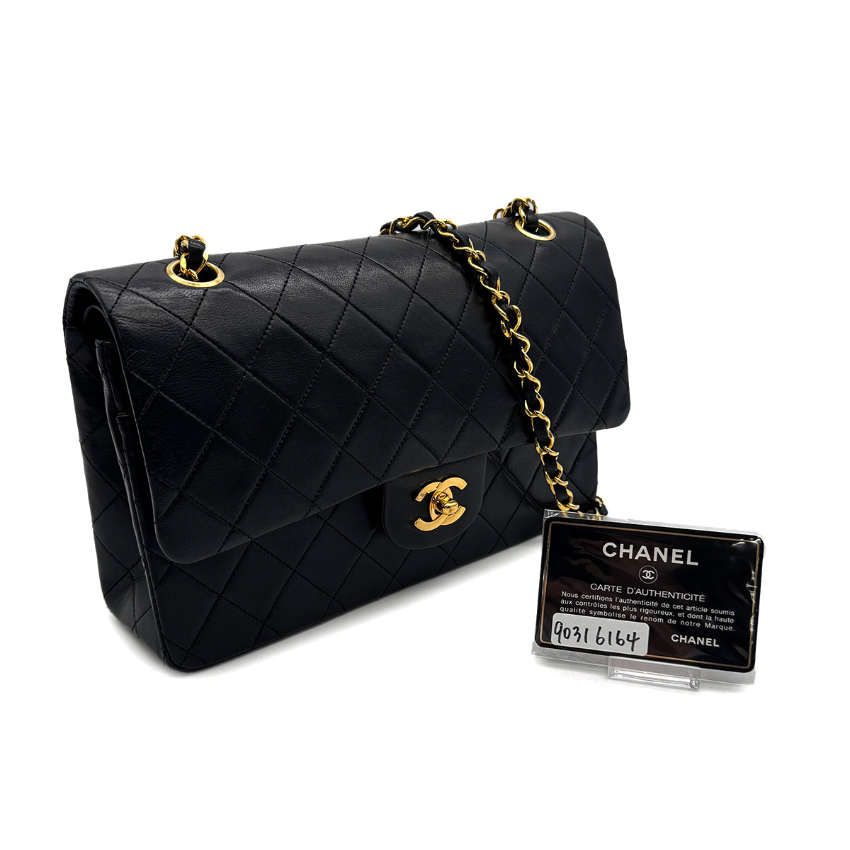VINTAGE CHANEL CLASSIC FLAP MEDIUM CHAIN SHOULDER BAG BLACK LAMB SKIN GOLD HARDWARE 90316164