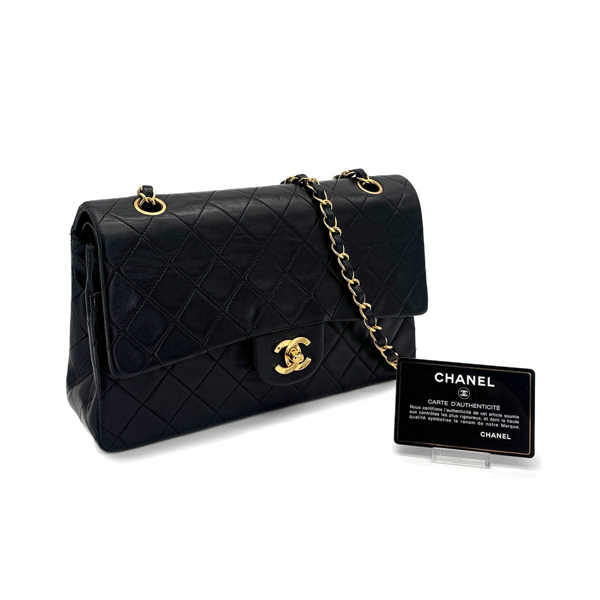 VINTAGE CHANEL CLASSIC FLAP MEDIUM CHAIN SHOULDER BAG BLACK LAMB SKIN GOLD HARDWARE 90319925