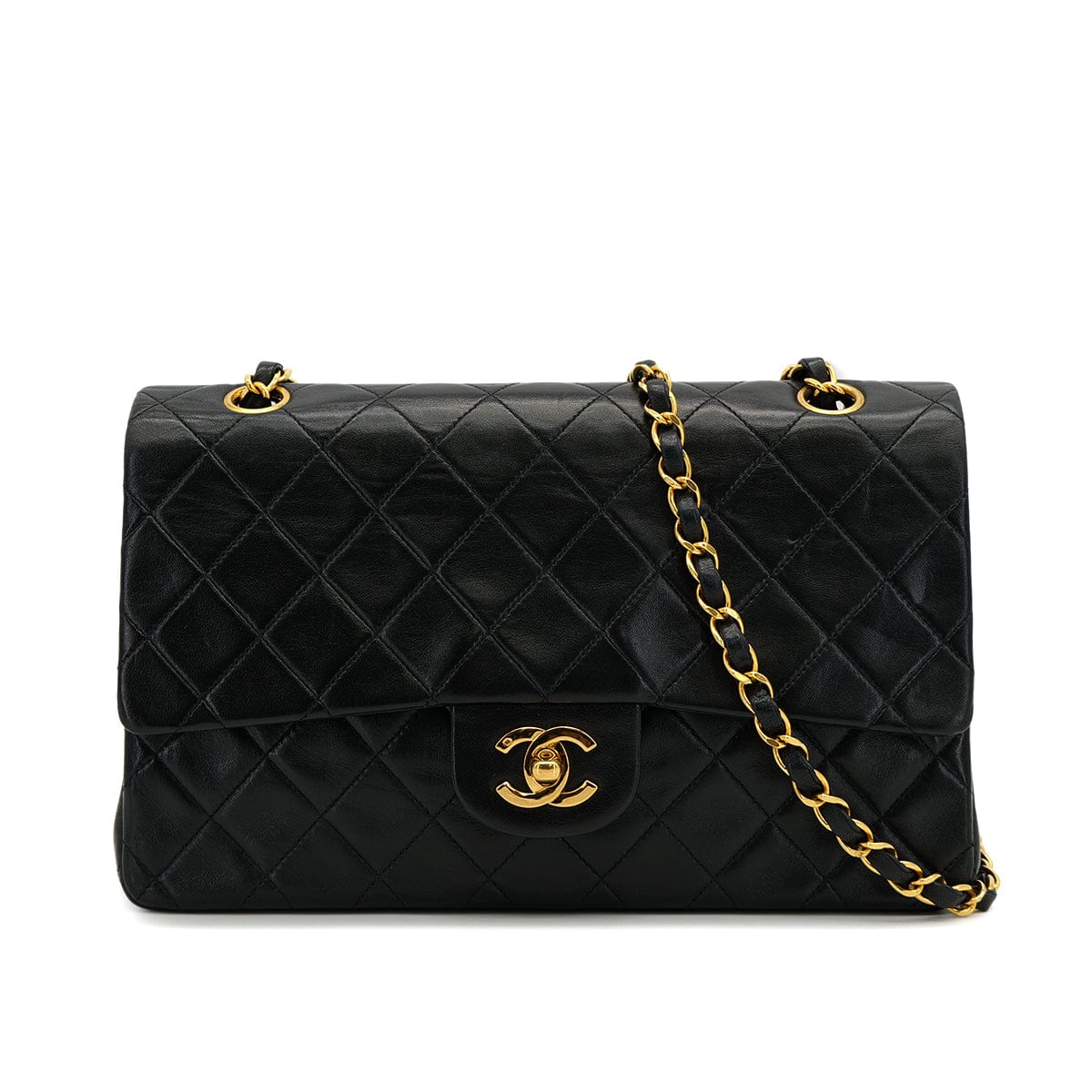 VINTAGE CHANEL CLASSIC FLAP MEDIUM CHAIN SHOULDER BAG BLACK LAMB SKIN GOLD HARDWARE 90319925